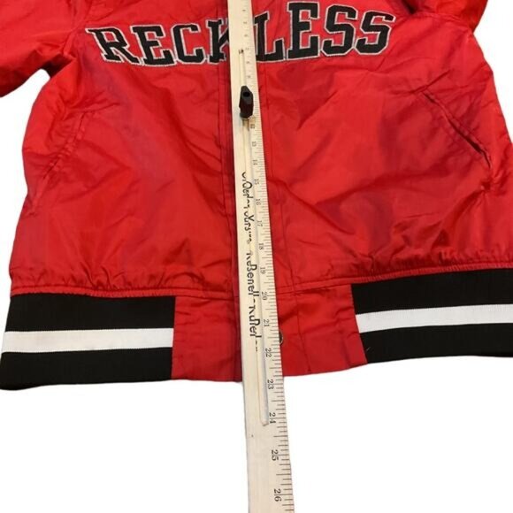 Young & Reckless Red Bomber Jacket Size S Snap-Button Closure Black & White Stri - Picture 4 of 11